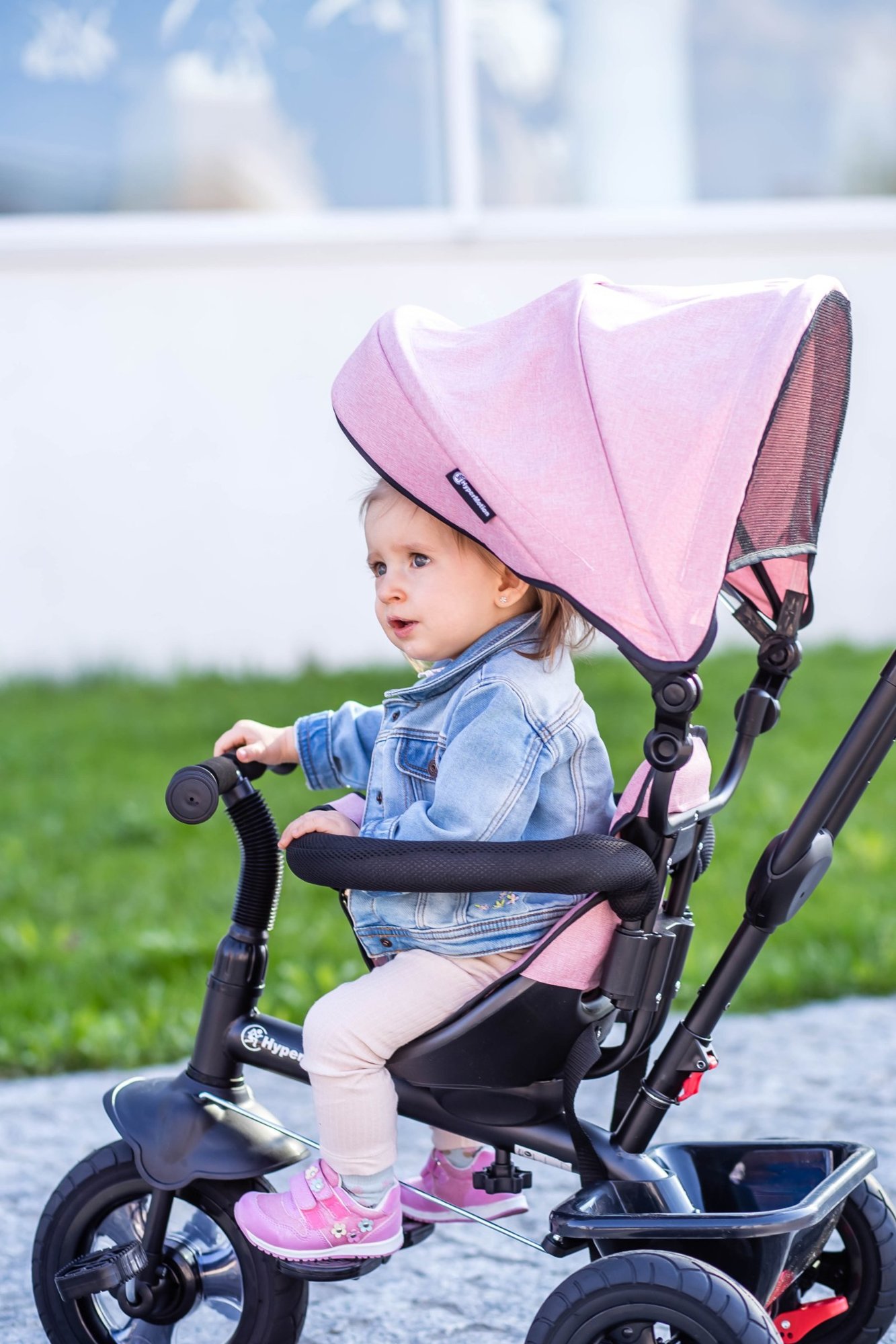 Rowerek trójkołowy dla dzieci 1-4 lata - TOBI FREY - kolor różowy - obracany - pompowane koła + pchacz